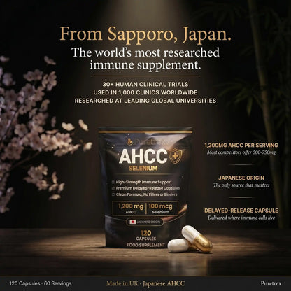 Supplement package with text highlighting AHCC and selenium, set against a dark background with decorative elements.