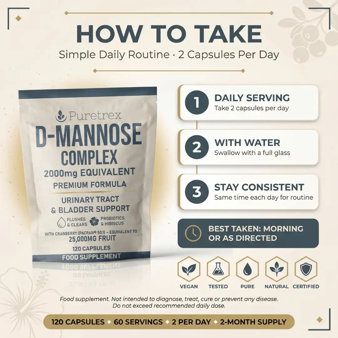 Puretrex D-Mannose Complex supplement packaging with usage instructions on a light beige background.