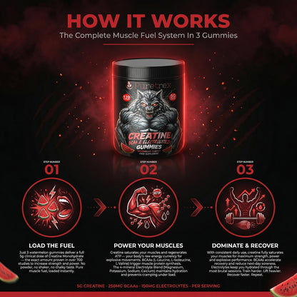PureTrust Creatine Gummies packaging with a wolf design on a dark background, showing how it works.