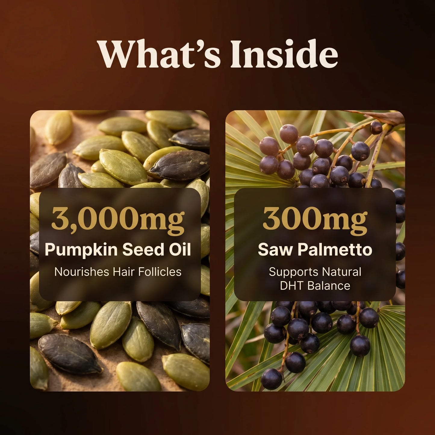 Pumpkin seed oil and saw palmetto berries with their respective amounts on a brown background.