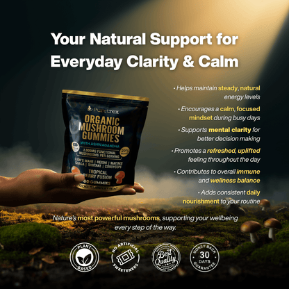 PURETREX Organic Mushroom Gummies with Lion’s Mane, Reishi, Chaga, Cordyceps, Maitake, Shiitake & Ashwagandha