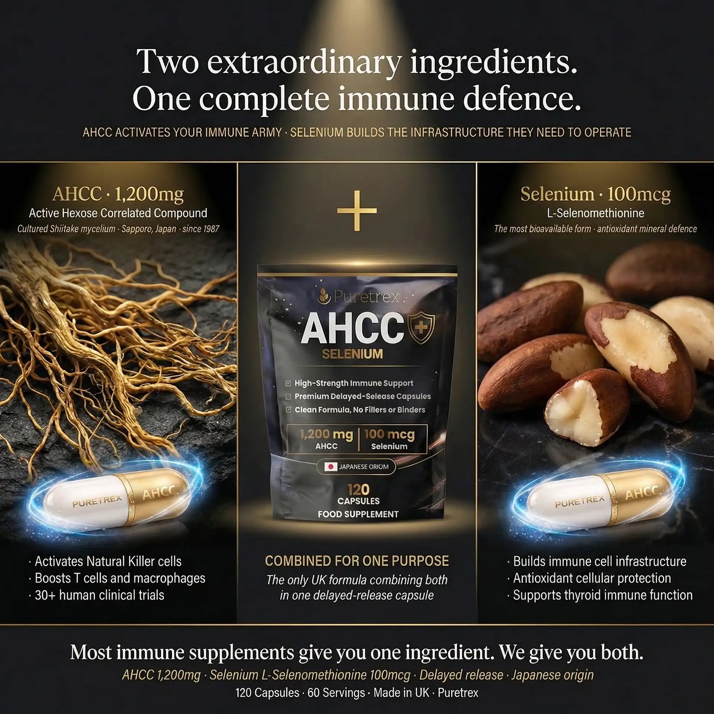 Supplement packaging with AHCC and selenium, highlighting their immune support benefits.