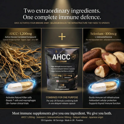 Supplement packaging with AHCC and selenium, highlighting their immune support benefits.