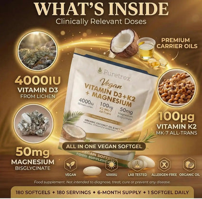 Vegan Vitamin D3 + K2 supplement packaging with ingredients and benefits displayed.