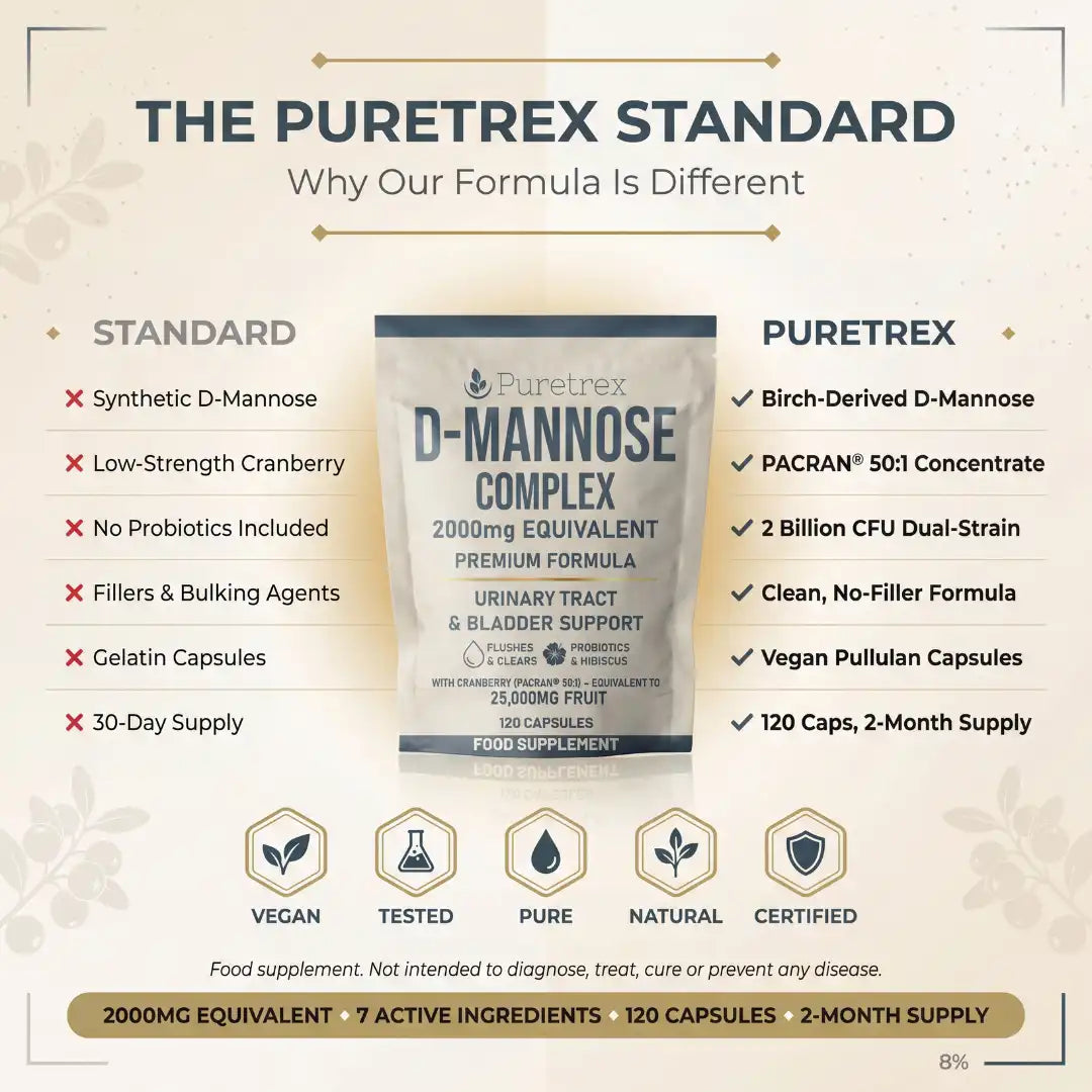Comparison chart of Puretrex D-Mannose Complex with standard formulation on a beige background.