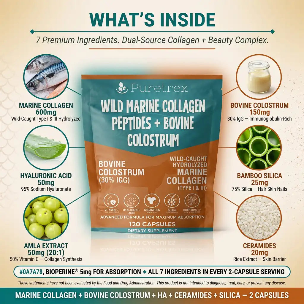 Puretrex Wild Marine Collagen Peptides + Bovine Colostrum supplement package with ingredients listed on a beige background.