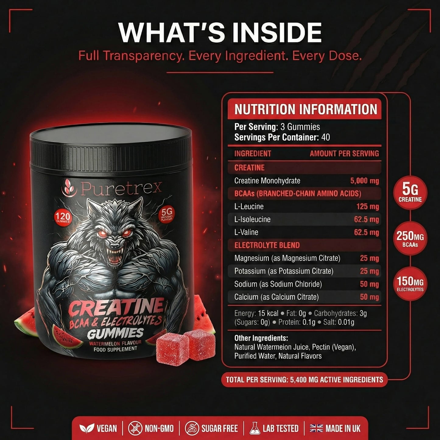 Puretrex Creatine BCAAs & Electrolytes Gummies packaging with nutrition information on a dark background