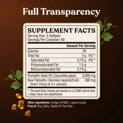 Supplement facts label with pumpkin seed oil and saw palmetto on a brown background