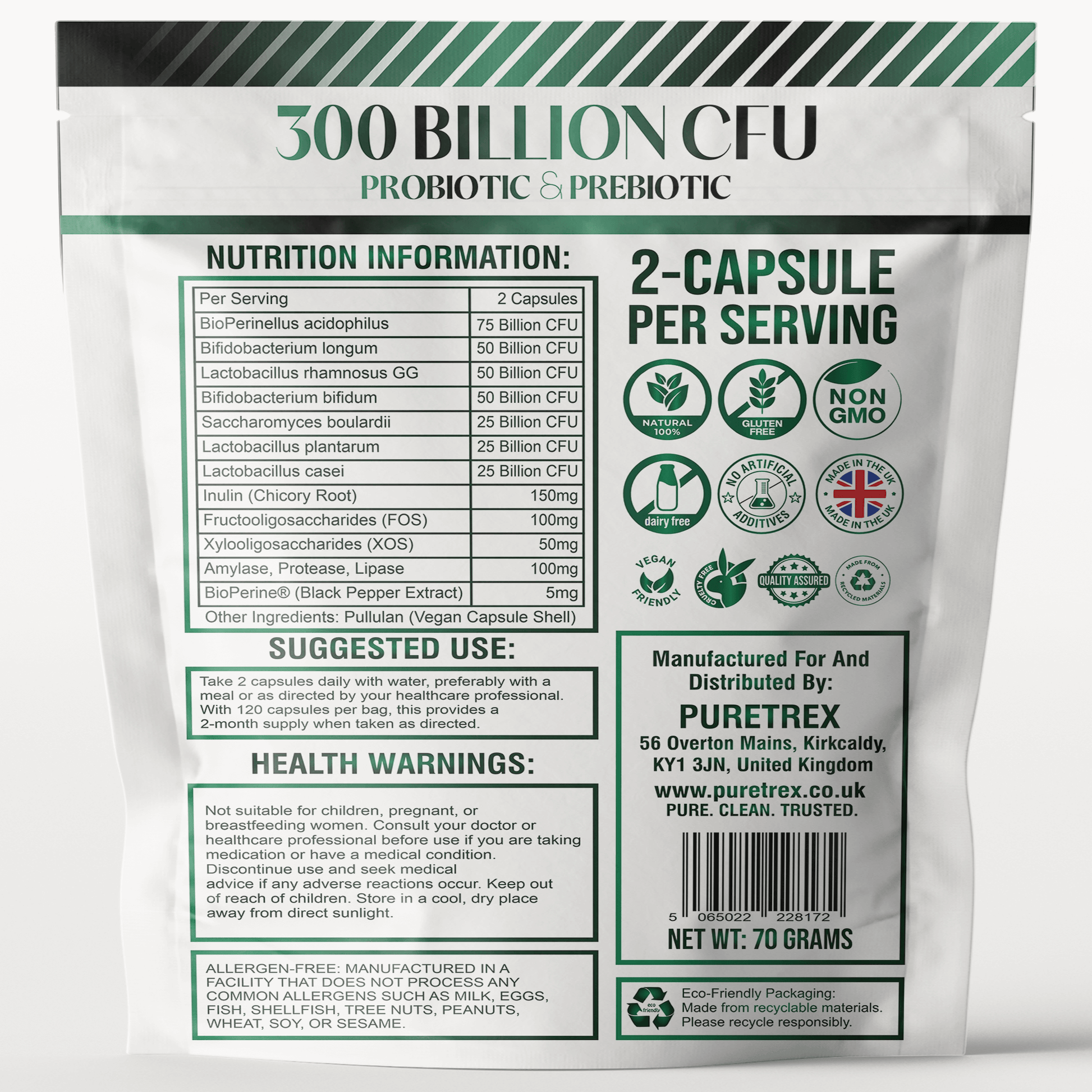 300 Billion CFU Probiotic & Prebiotic - back of packaging with nutrition facts