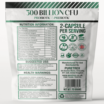 300 Billion CFU Probiotic & Prebiotic - back of packaging with nutrition facts