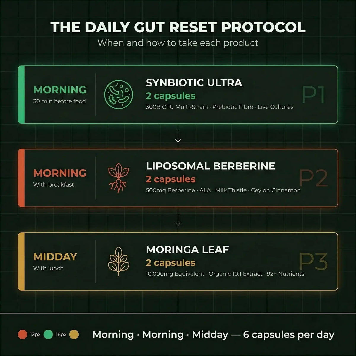 Daily gut reset protocol with product timings and descriptions on a dark background
