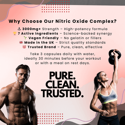 Advertisement for a nitric oxide complex with two people lifting weights on a pink background.