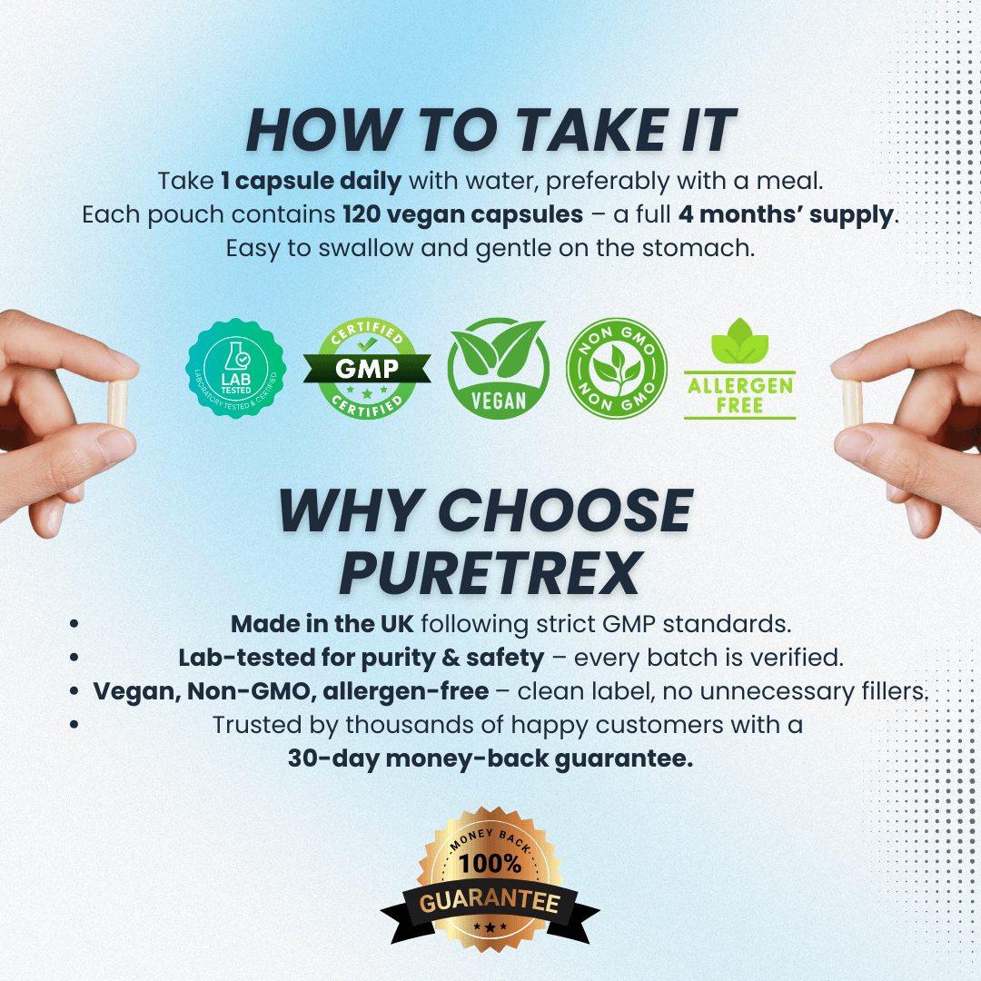 Instructions on how to take a supplement, featuring certification logos and a money-back guarantee.