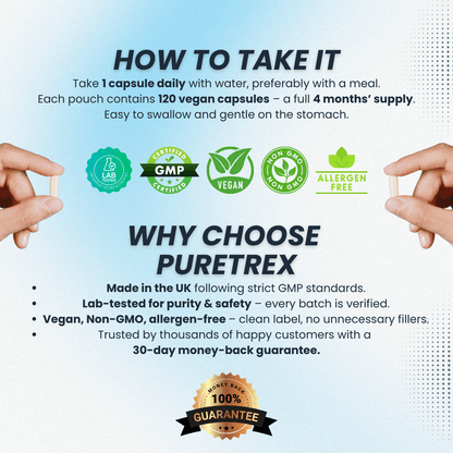 Instructions on how to take a supplement, featuring certification logos and a money-back guarantee.