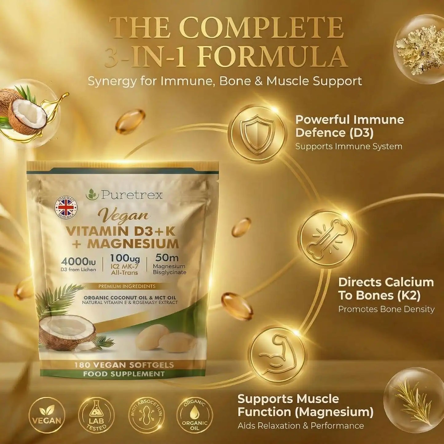 Puretrex Vitamin D3+K+Magnesium supplement package with gold background and text about benefits
