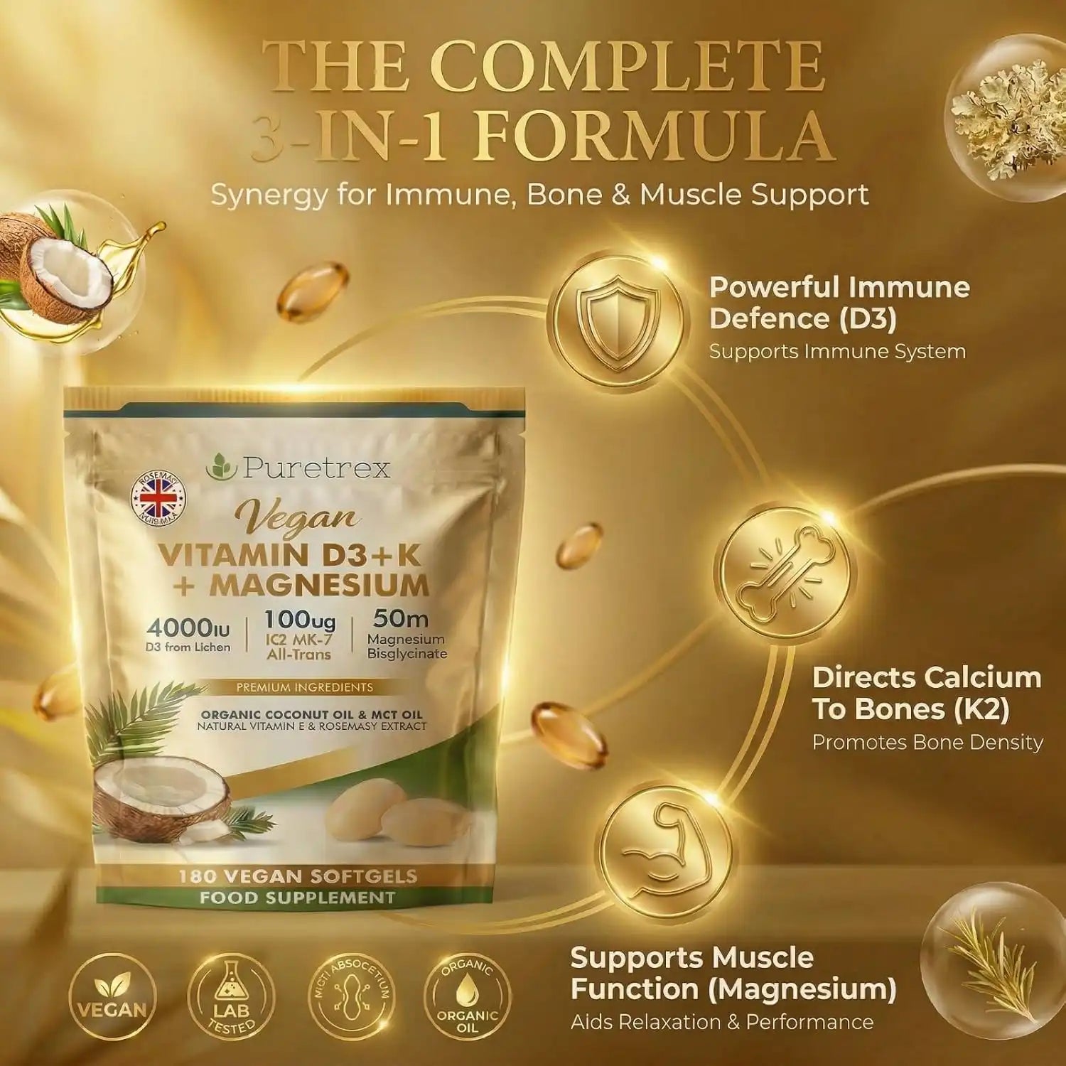 Puretrex Vitamin D3+K+Magnesium supplement package with gold background and text about benefits