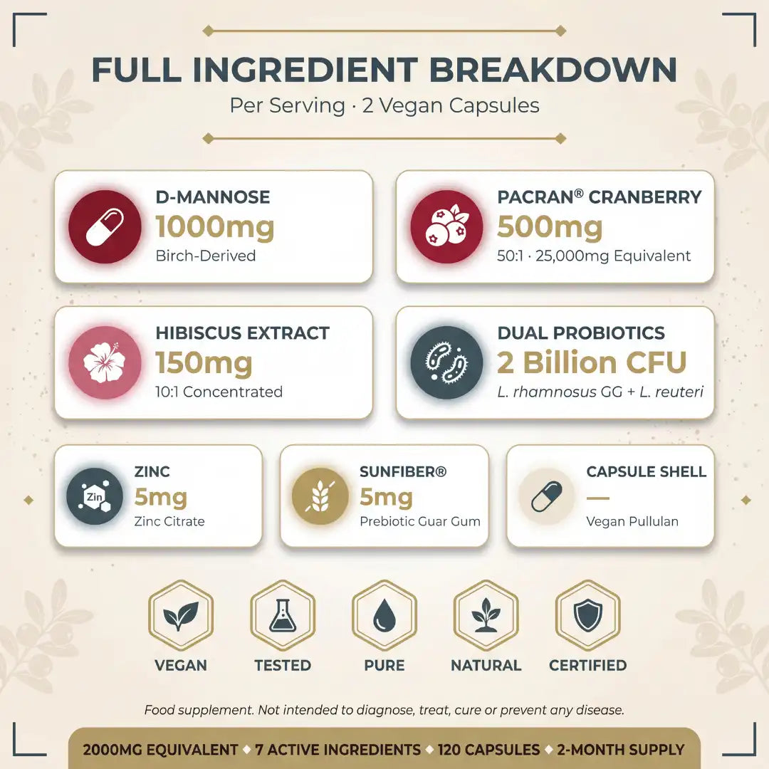 Full ingredient breakdown of a vegan supplement with various health benefits listed.