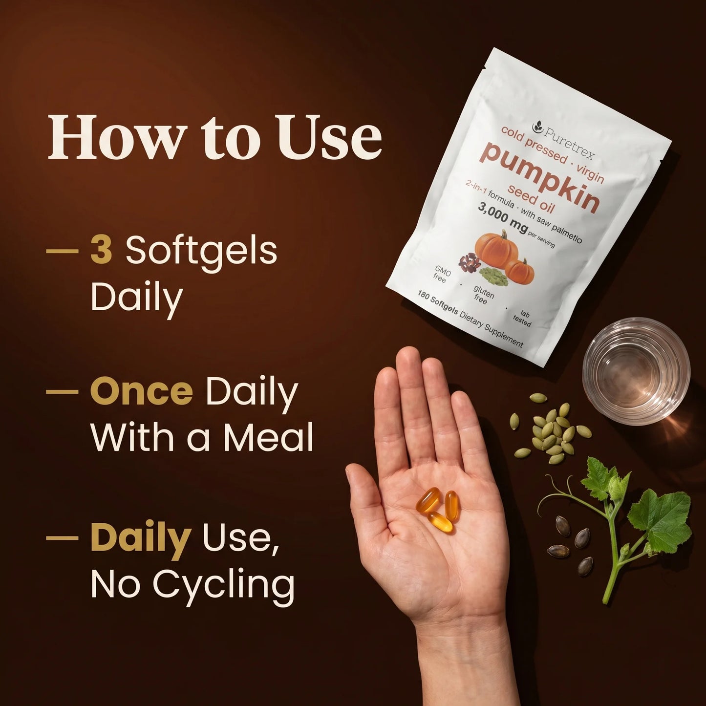 Pumpkin seed oil supplement packaging with instructions on how to use it.