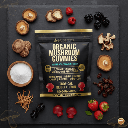 PURETREX Organic Mushroom Gummies with Lion’s Mane, Reishi, Chaga, Cordyceps, Maitake, Shiitake & Ashwagandha