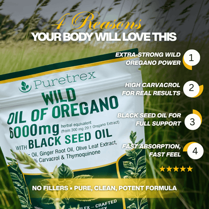 PURETREX Oil of Oregano with Black Seed Oil – 6000mg | Wild Oregano 300 Softgels UK