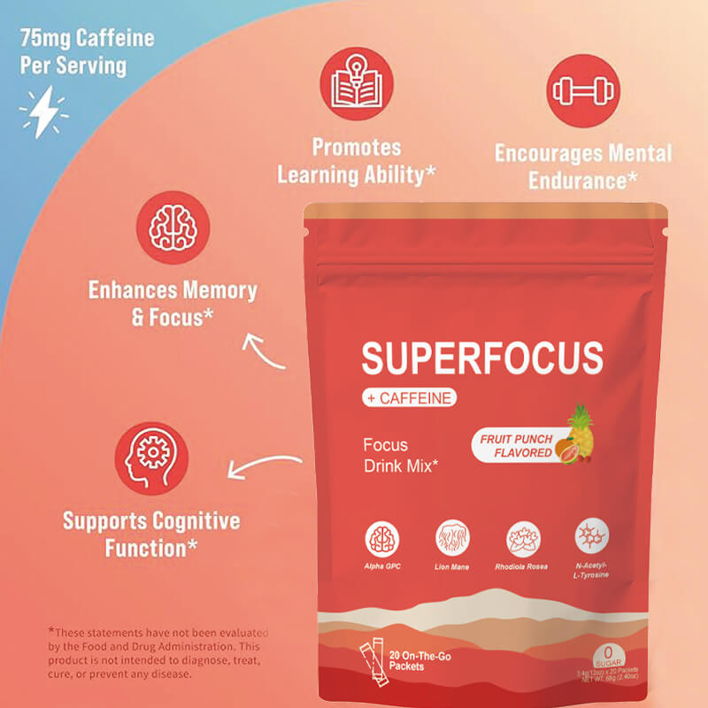 SuperFocus Focus Drink Mix with Caffeine – Fruit Punch Flavor (20 Packets)