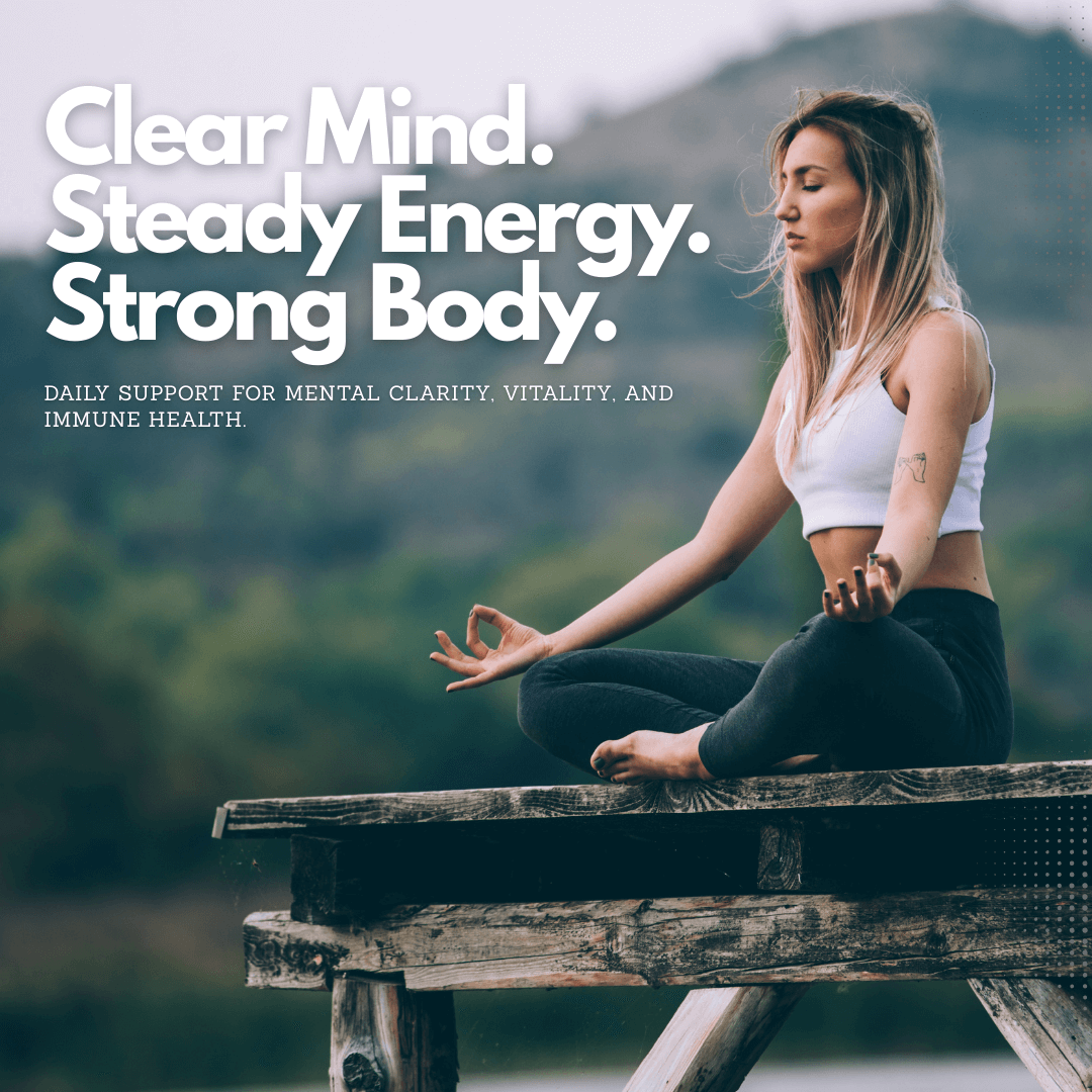 Woman meditating on a wooden bench with text about mental clarity, vitality, and immune health.