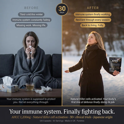 Before and after comparison of a woman with illness and health, promoting AHCC supplement.
