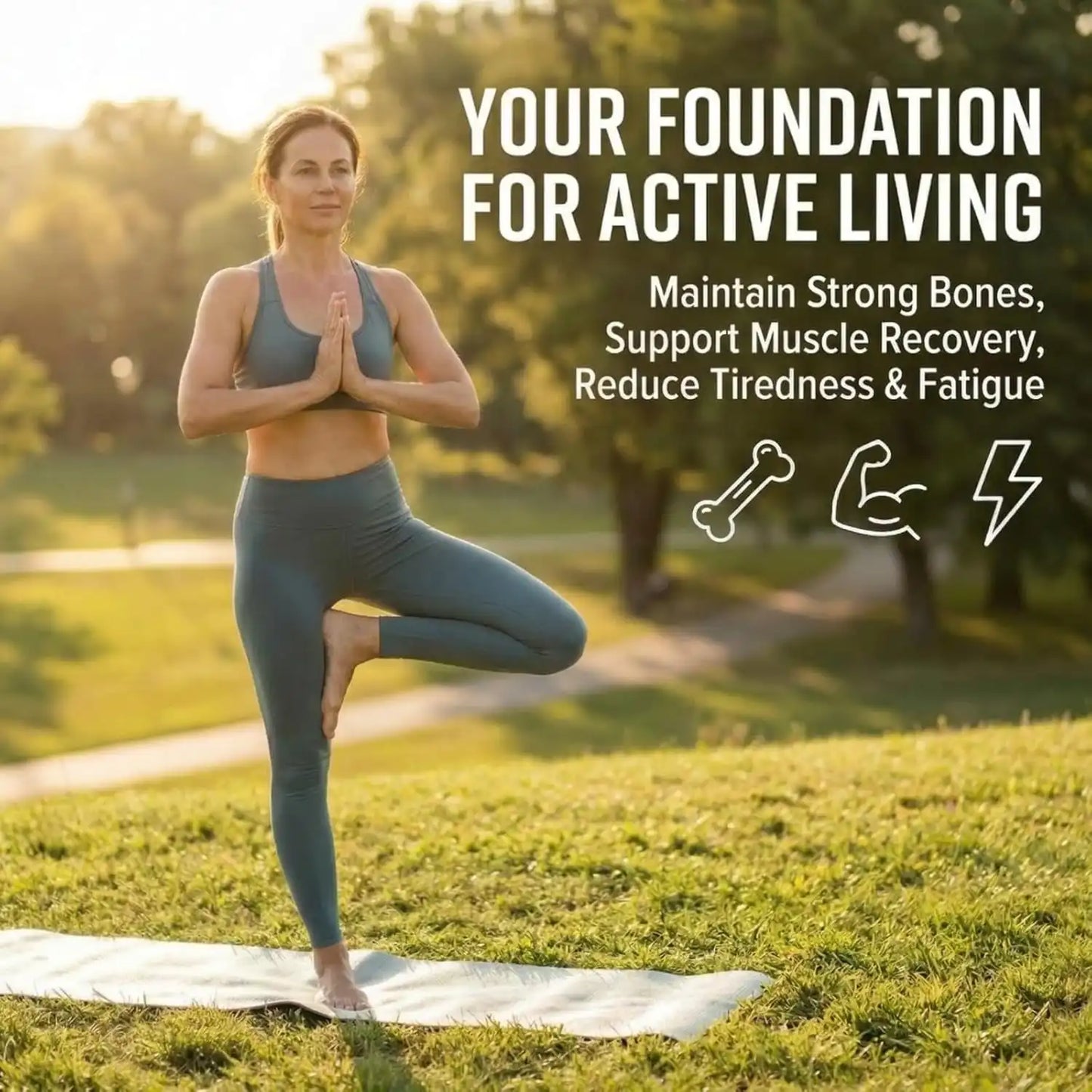 Woman practicing yoga in a park with text about active living benefits.