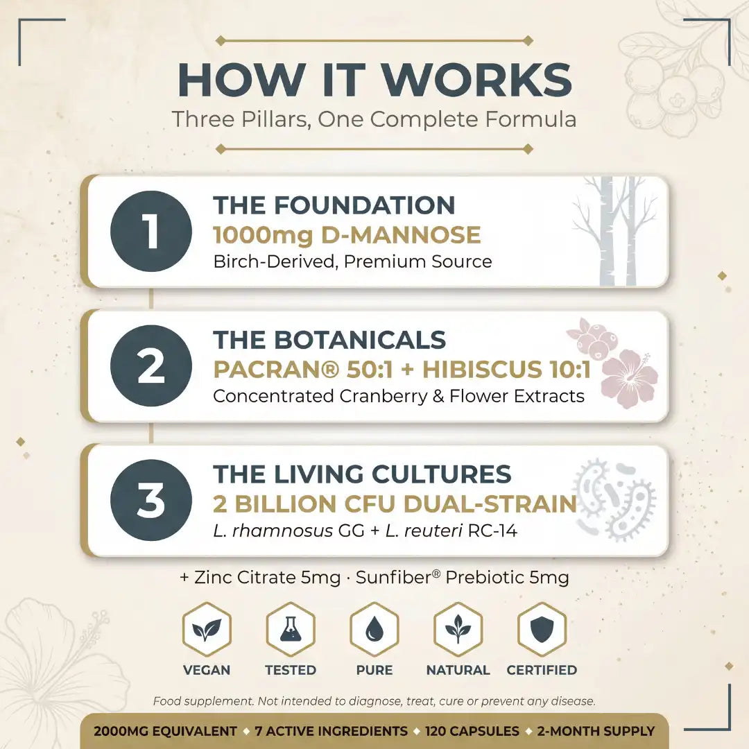 Product formulation details with three pillars on a beige background