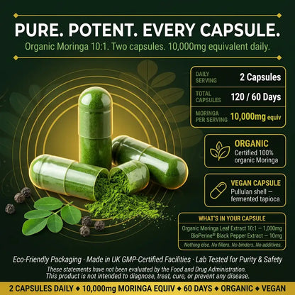 Organic Moringa Capsules – 10,000mg High Strength Leaf Extract