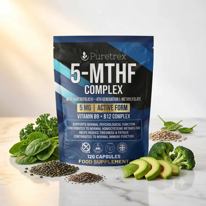 Puretrex 5-MTHF Complex supplement pouch displayed on a light marble surface with spinach, broccoli, avocado slices, and seeds around it.