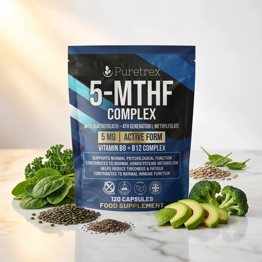 Puretrex 5-MTHF Complex supplement pouch displayed on a light marble surface with spinach, broccoli, avocado slices, and seeds around it.