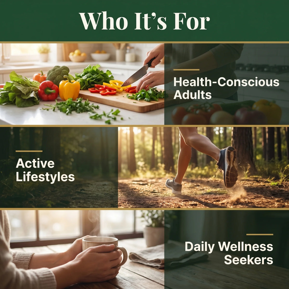 Who It's For infographic for PURETREX Wild Oil of Oregano with Black Seed Oil showing lifestyle imagery of outdoor activity and home settings, a daily herbal food supplement for adults