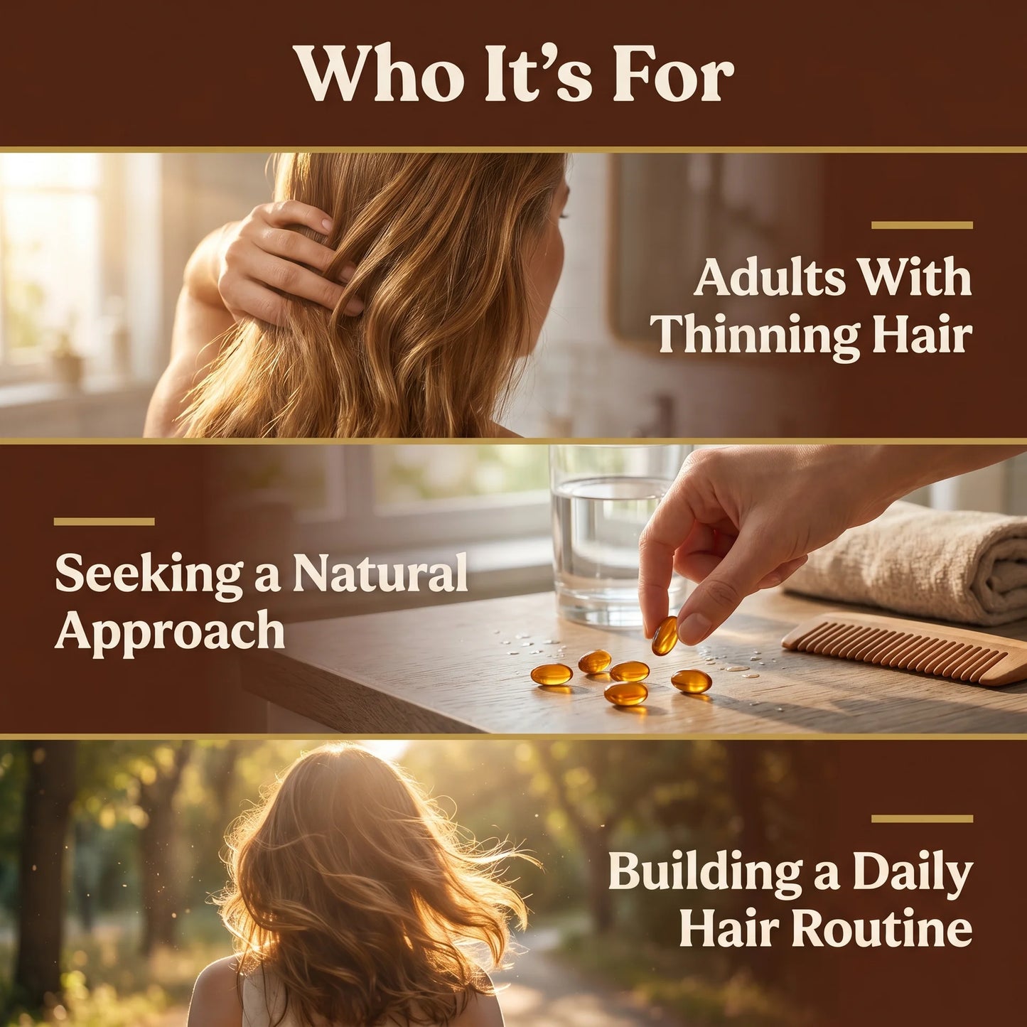Product advertisement for hair care supplements targeting adults with thinning hair, those seeking a natural approach, and those building a daily hair routine.