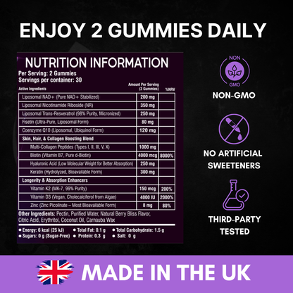 Liposomal NAD+ NR, Resveratrol, Collagen Peptides, Vitamin D3 + K2, Biotin, COQ10 & Keratin Gummies