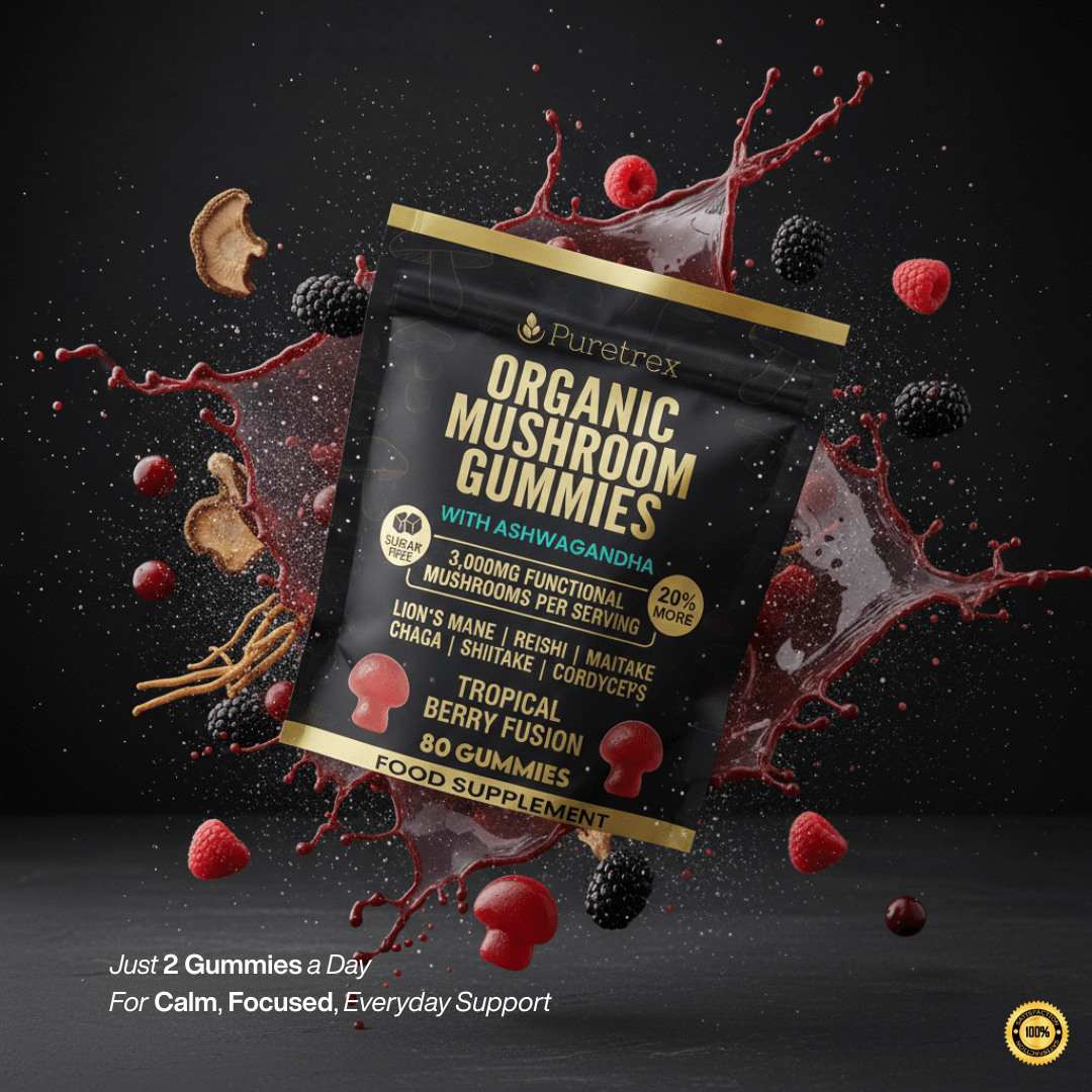 PURETREX Organic Mushroom Gummies with Lion’s Mane, Reishi, Chaga, Cordyceps, Maitake, Shiitake & Ashwagandha