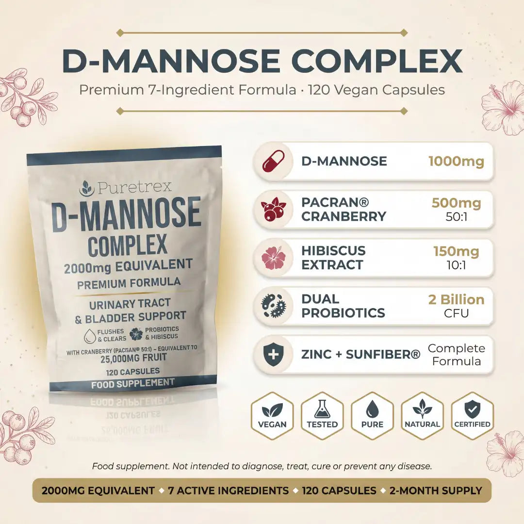 D-Mannose Complex supplement package with ingredients listed on a decorative background