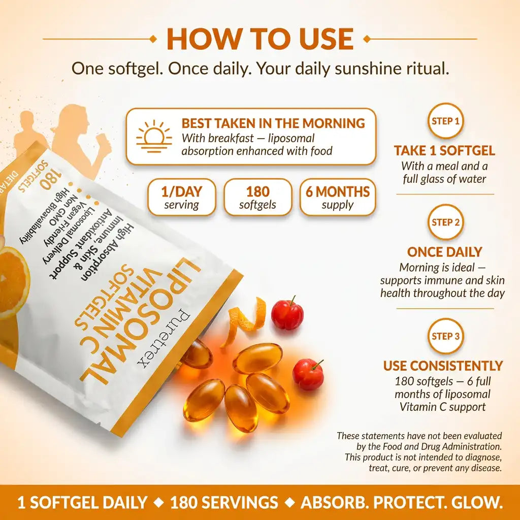 Vitamin C softgels packaging with usage instructions on a white background