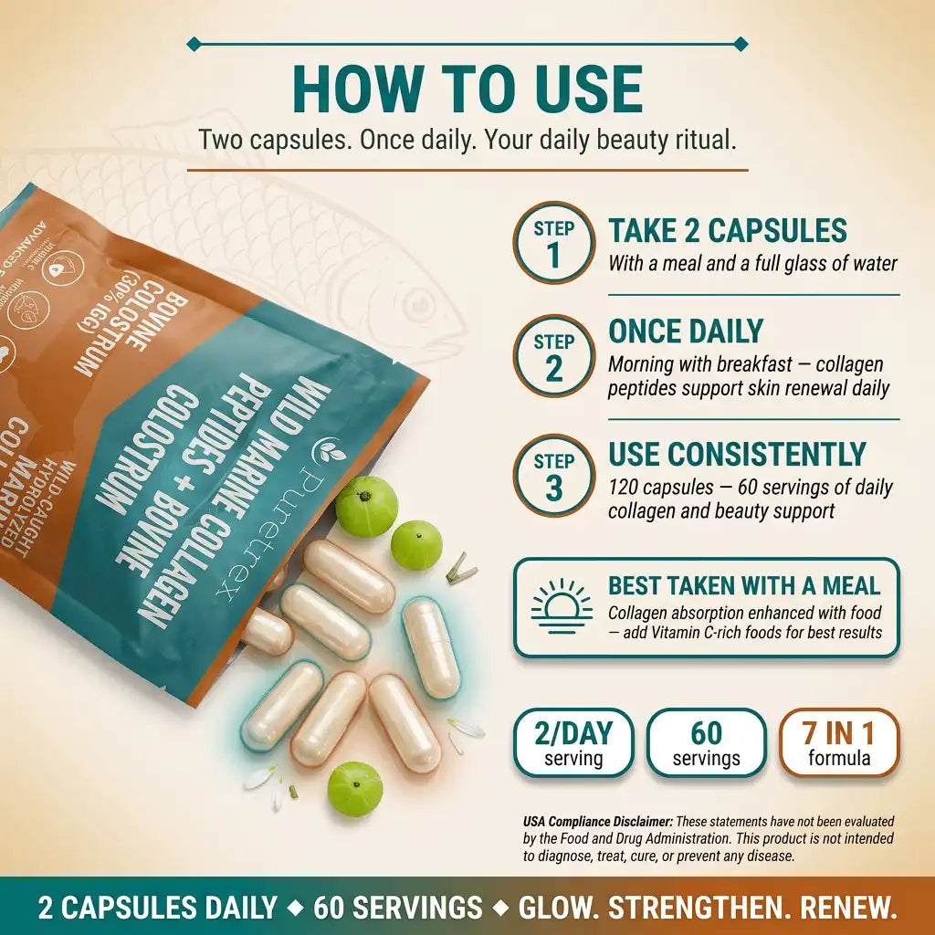 Collagen supplement packaging with usage instructions on a beige background
