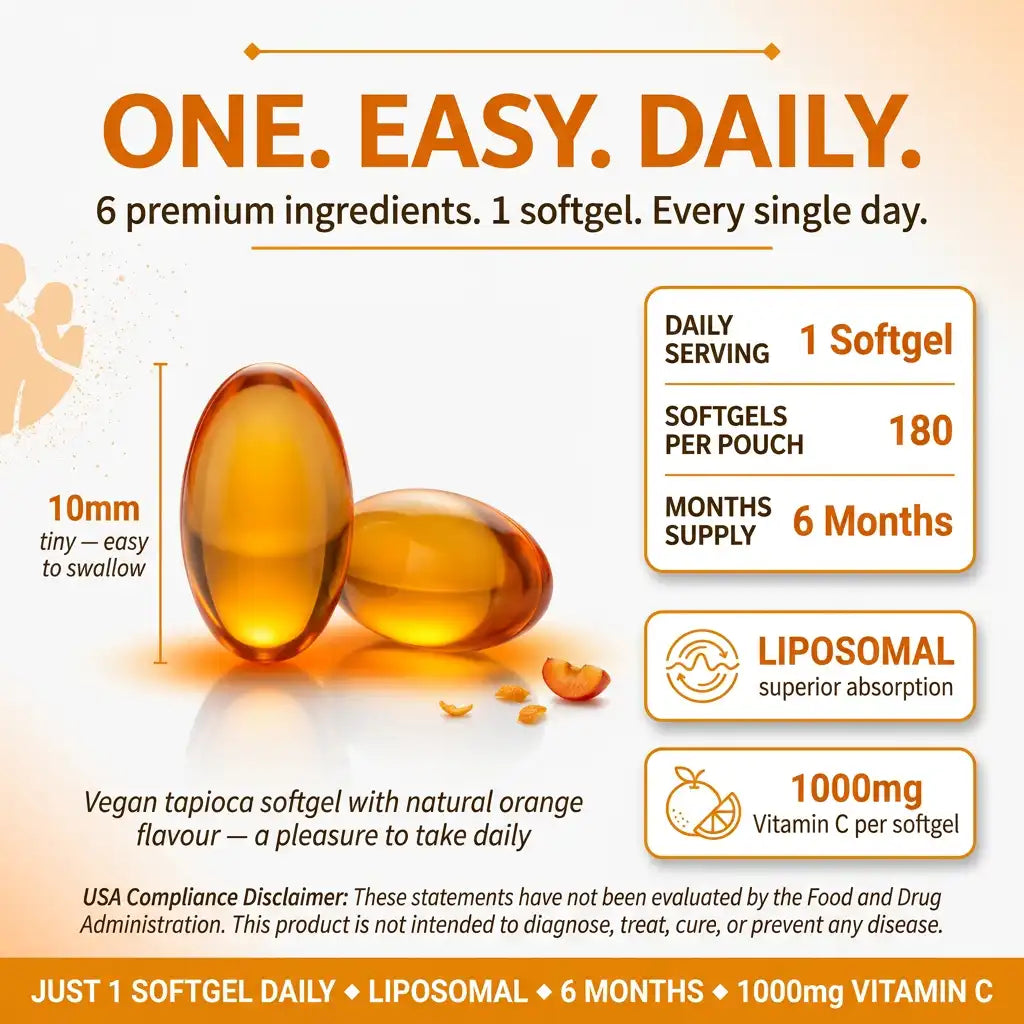 Vitamins with text highlighting features like 'One. Easy. Daily.' and product details.
