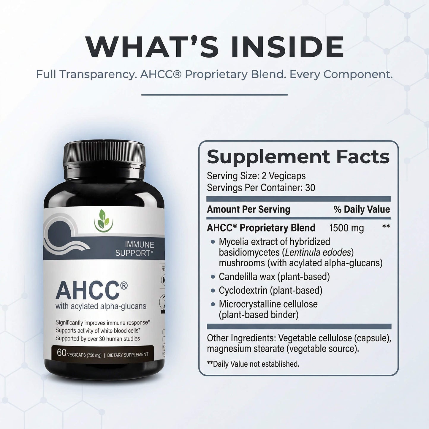 AHCC with Acylated Alpha-Glycans - back of packaging with supplement facts