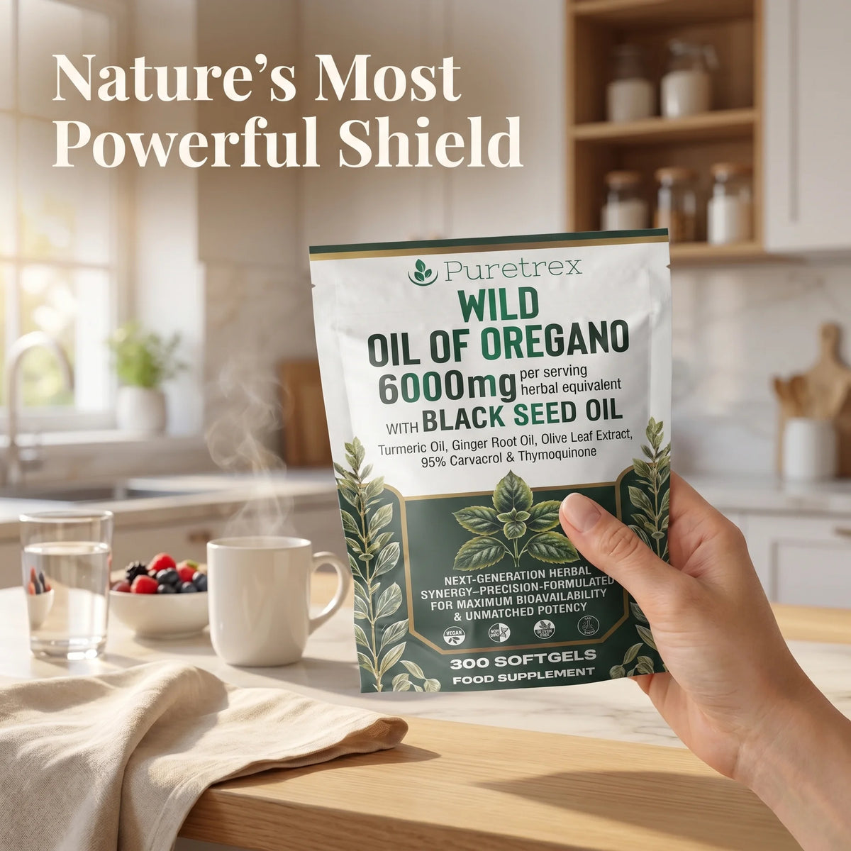 Lifestyle image showing a hand holding the dark green PURETREX Wild Oil of Oregano 6000mg with Black Seed Oil pouch in a bright natural kitchen setting with fresh herbs, premium herbal food supplement made in the UK


