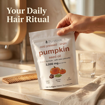 Hand holding a package of Puretrex pumpkin seed oil on a bathroom counter.