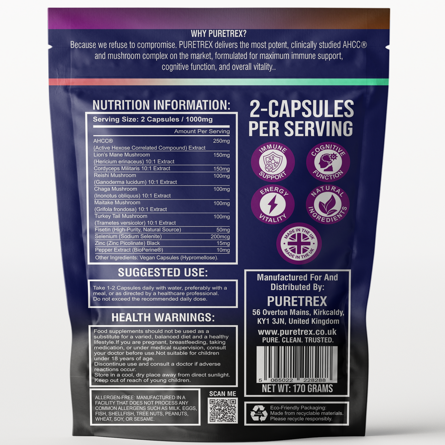 Back packaging of PURETREX AHCC+ Mushroom Immune Matrix – nutrition information, supplement facts, suggested use, and safety warnings for immune health supplement.