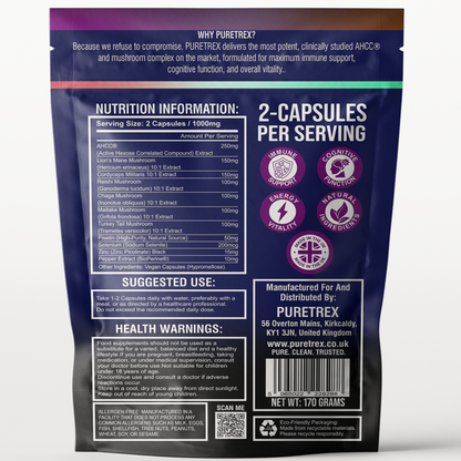 Back packaging of PURETREX AHCC+ Mushroom Immune Matrix – nutrition information, supplement facts, suggested use, and safety warnings for immune health supplement.