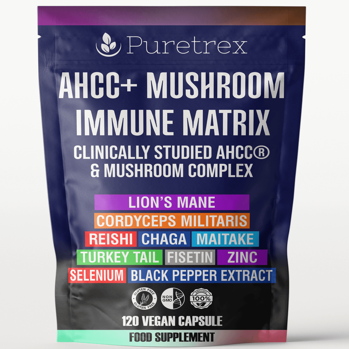 PURETREX AHCC+ Mushroom Matrix front packaging with Lion’s Mane, Cordyceps, Reishi, Chaga, Maitake, Turkey Tail, Selenium, Zinc, Fisetin and Black Pepper Extract – support supplement.