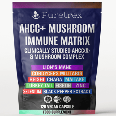 PURETREX AHCC+ Mushroom Immune Matrix front packaging with Lion’s Mane, Cordyceps, Reishi, Chaga, Maitake, Turkey Tail, Selenium, Zinc, Fisetin and Black Pepper Extract – premium immune support supplement.