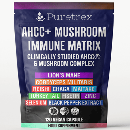 PURETREX AHCC+ Mushroom Immune Matrix front packaging with Lion’s Mane, Cordyceps, Reishi, Chaga, Maitake, Turkey Tail, Selenium, Zinc, Fisetin and Black Pepper Extract – premium immune support supplement.