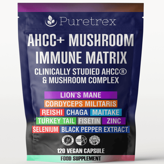 PURETREX AHCC+ Mushroom Immune Matrix front packaging with Lion’s Mane, Cordyceps, Reishi, Chaga, Maitake, Turkey Tail, Selenium, Zinc, Fisetin and Black Pepper Extract – premium immune support supplement.