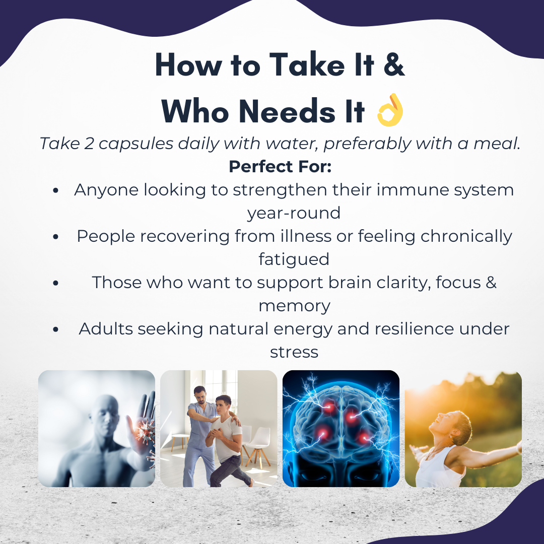 How to take PURETREX AHCC+ Mushroom Immune Matrix – 2 vegan capsules daily, perfect for immune defense, brain clarity, recovery from illness, and natural energy resilience.